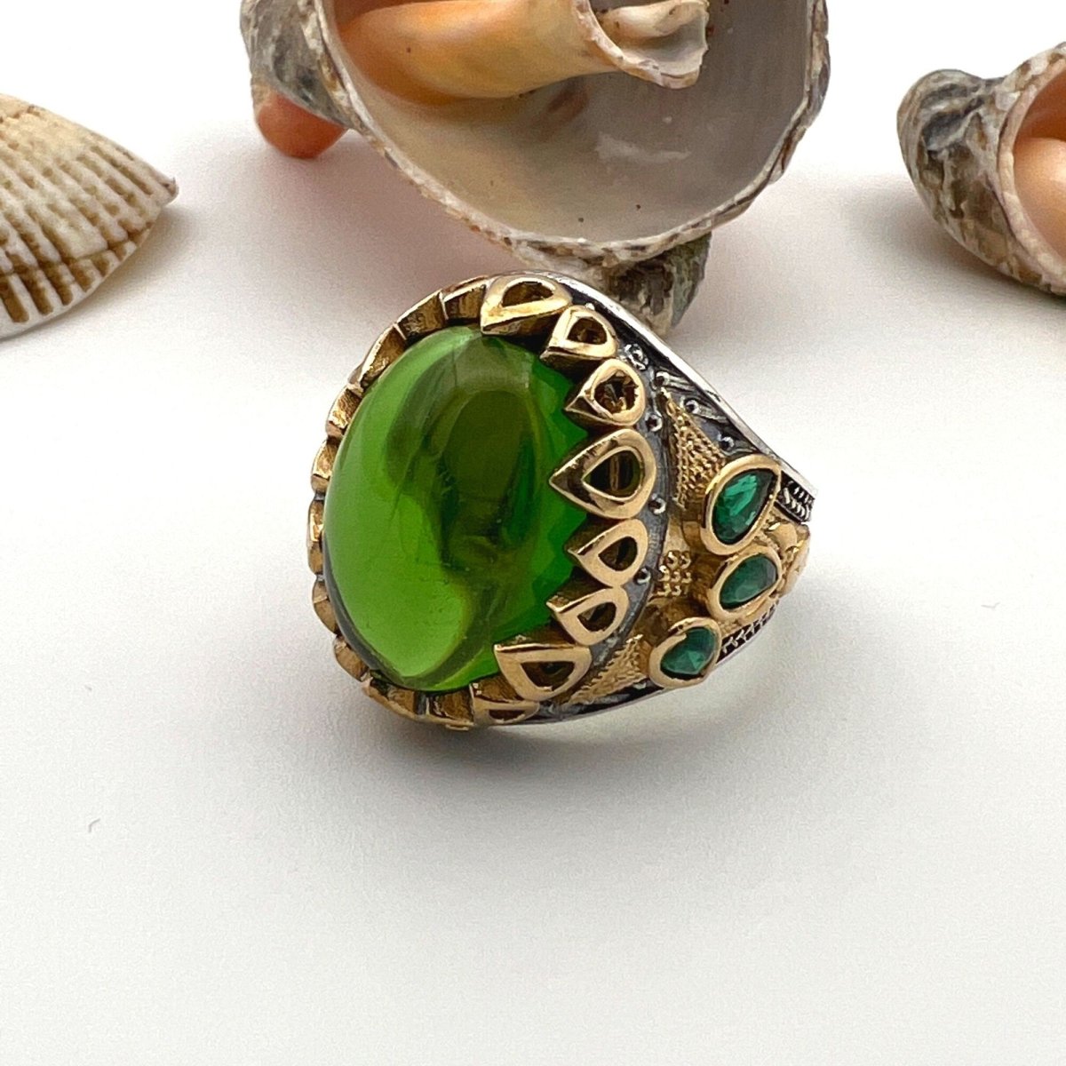 Men's Green Agate Stone Silver Ring