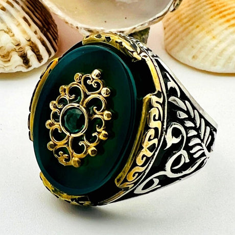 Men's Green Agate Stone Silver Ring