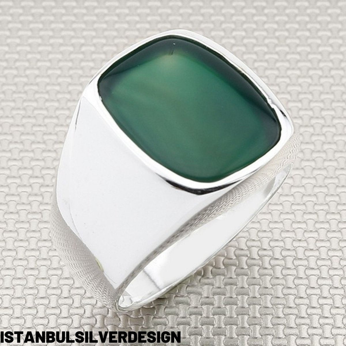 Men's Green Agate Stone Silver Ring