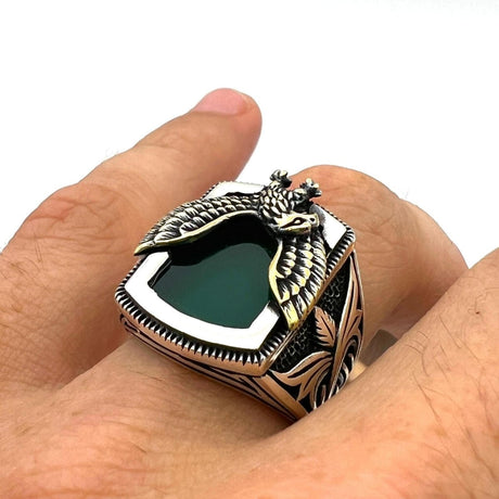 Men's Green Agate Stone Silver Ring