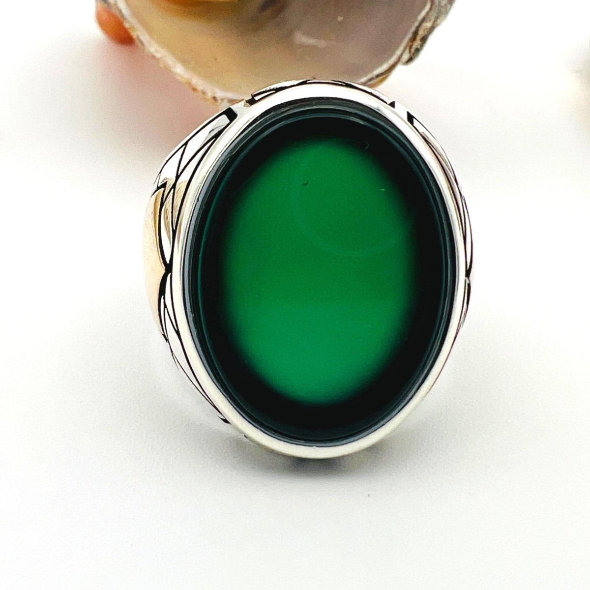 Men's Green Agate Stone Silver Ring