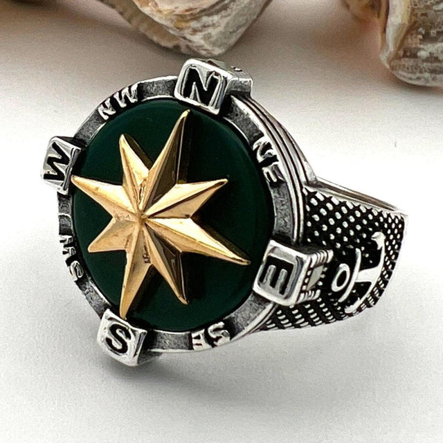 Men's Green Agate Stone Silver Ring