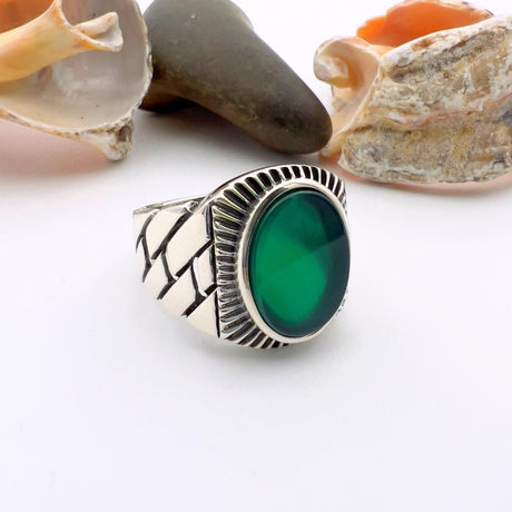 Men's Green Agate Stone Silver Ring