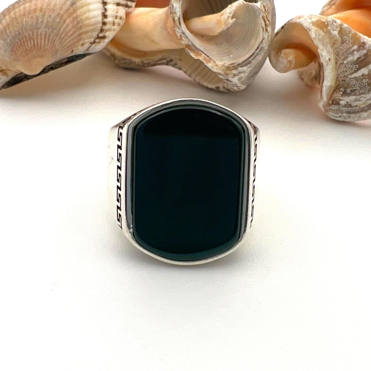 Men's Green Agate Stone Silver Ring