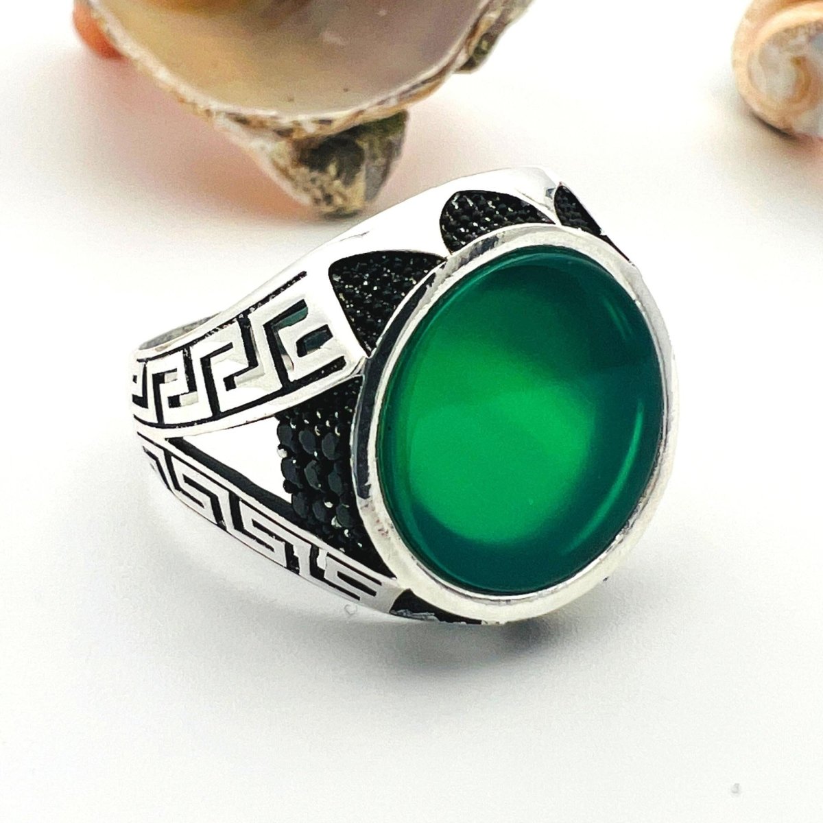 Men's Green Agate Stone Silver Ring - TryAladdin