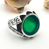 Men's Green Agate Stone Silver Ring