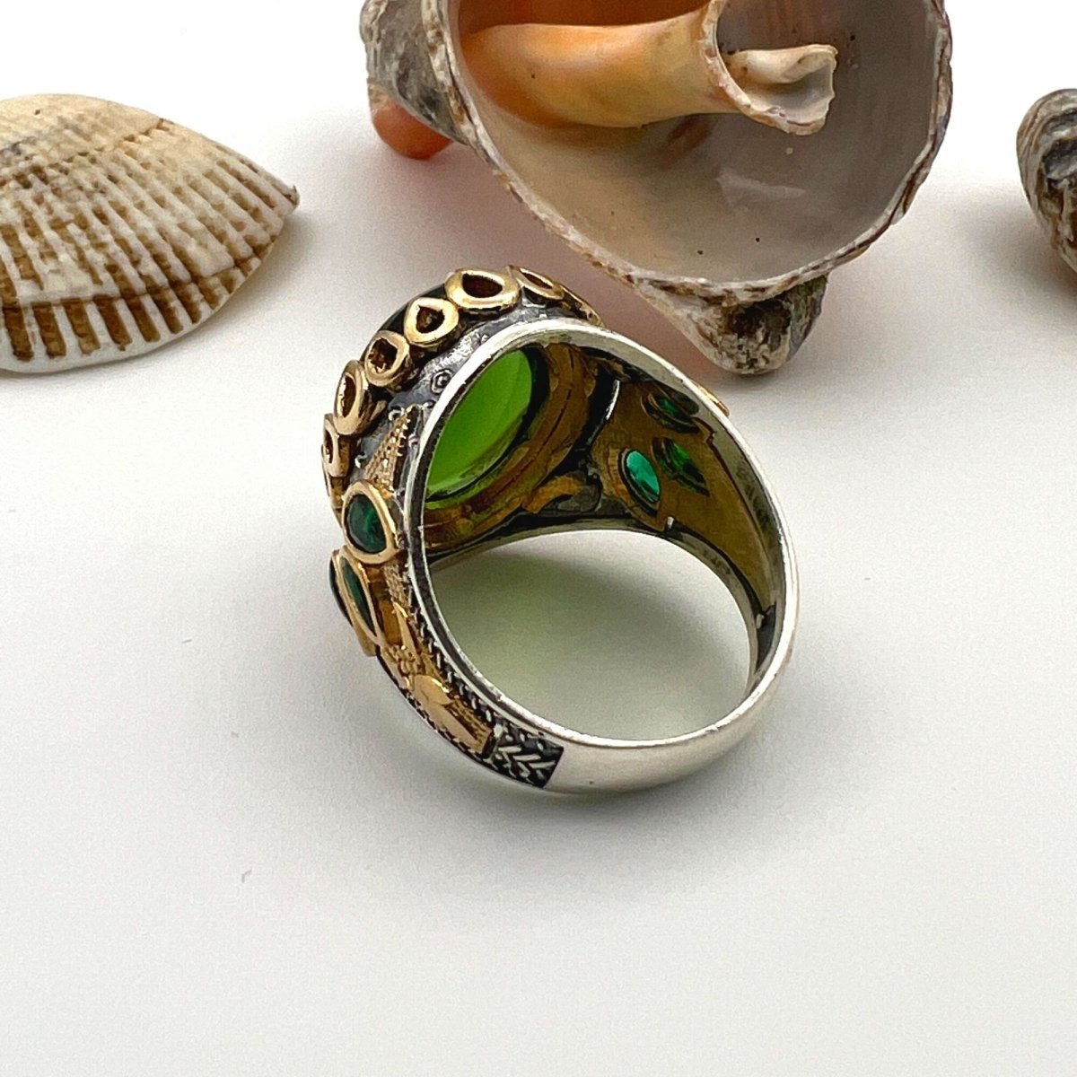 Men's Green Agate Stone Silver Ring