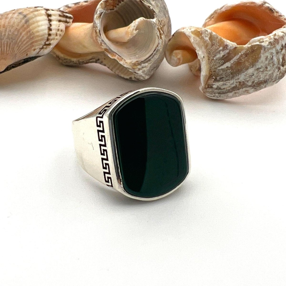 Men's Green Agate Stone Silver Ring