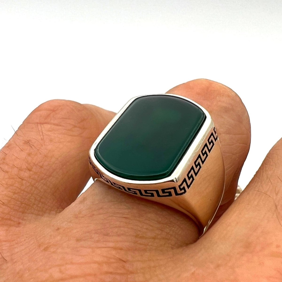 Men's Green Agate Stone Silver Ring