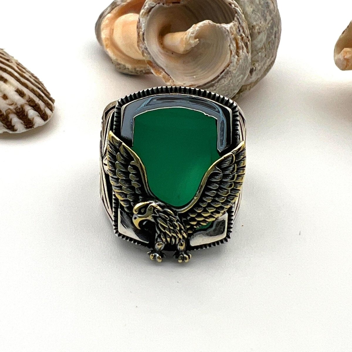 Men's Green Agate Stone Silver Ring