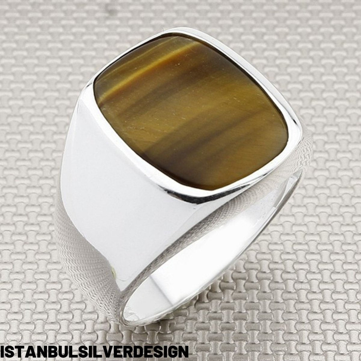 Men's Green Agate Stone Silver Ring