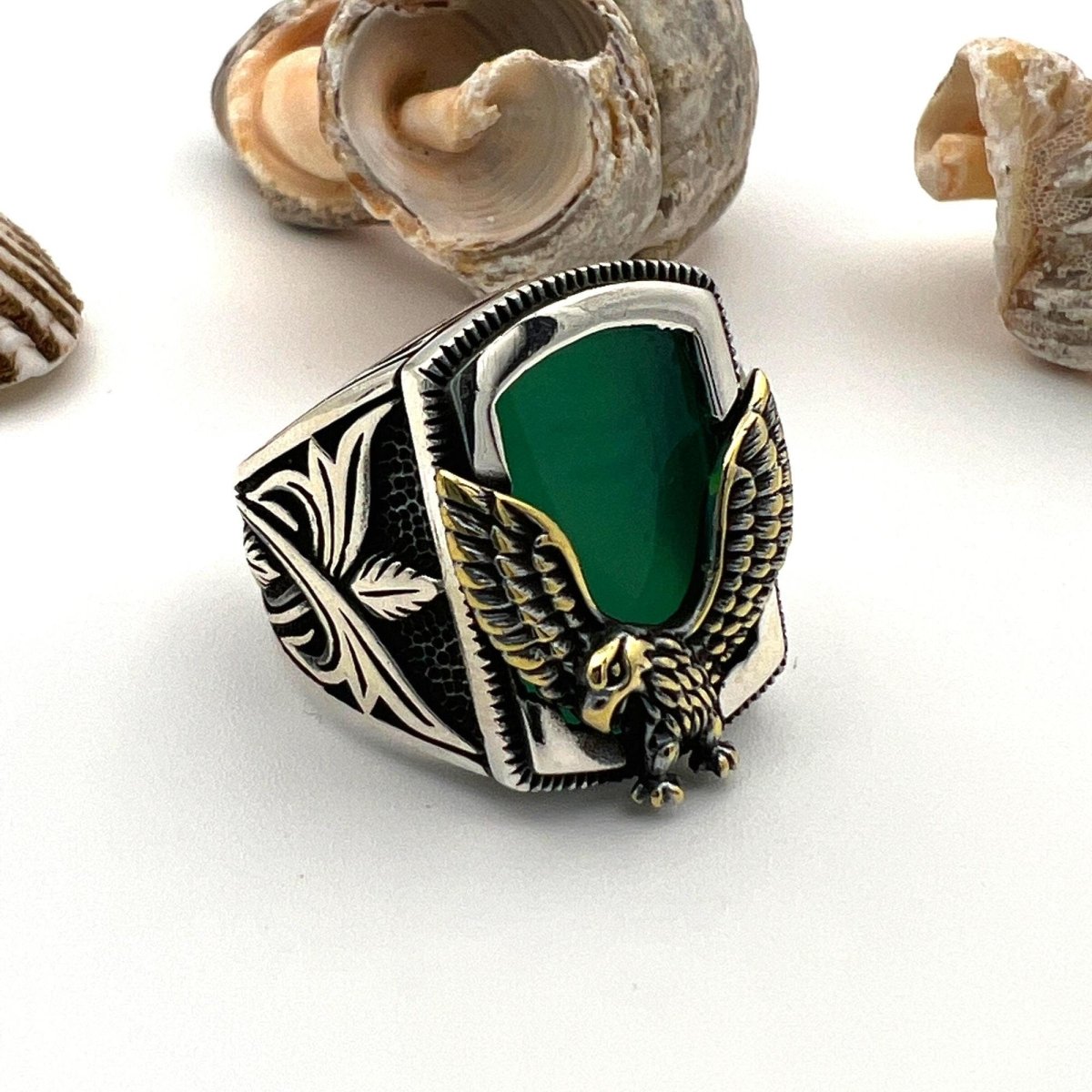 Men's Green Agate Stone Silver Ring