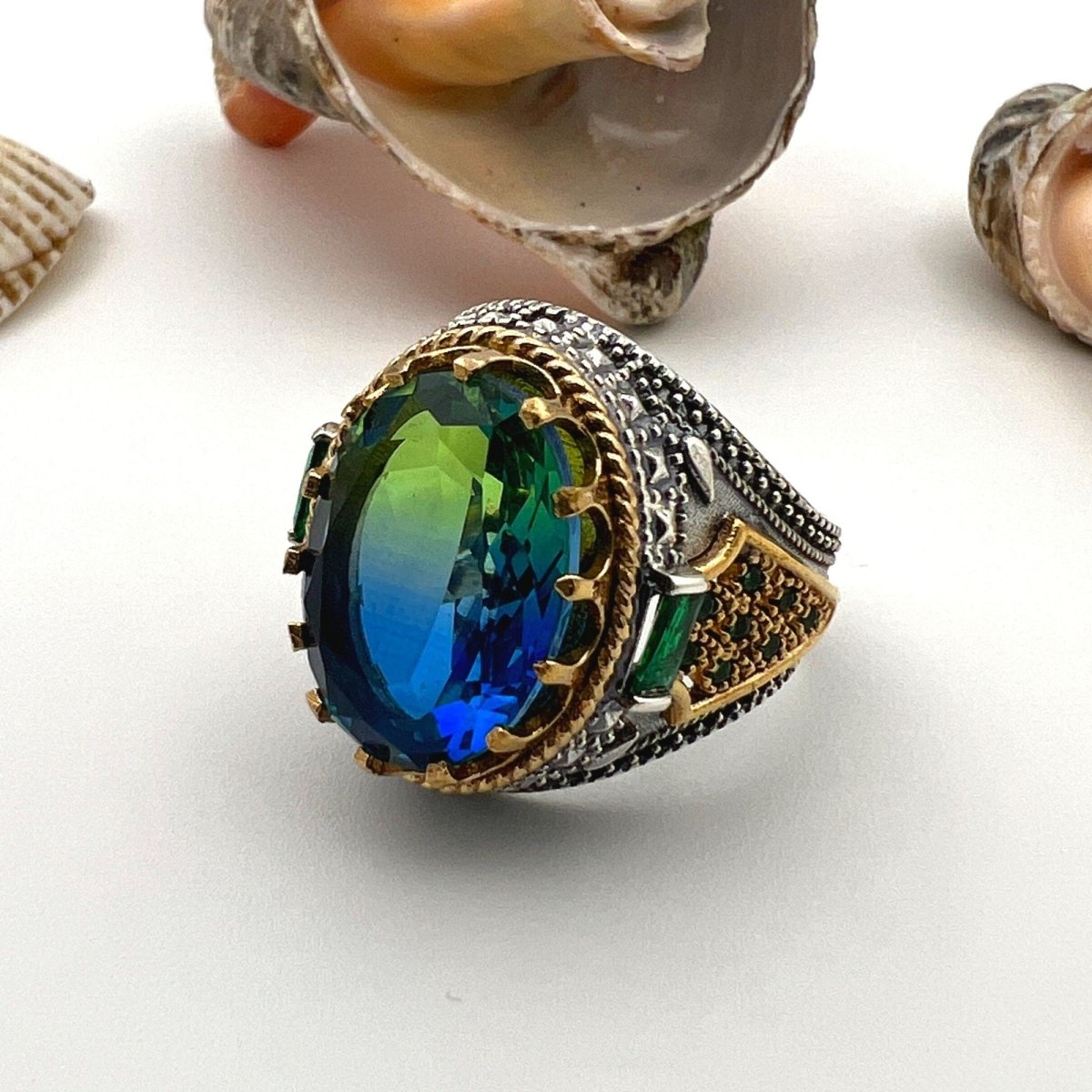 Men's Green - Blue Stone Silver Ring - TryAladdin