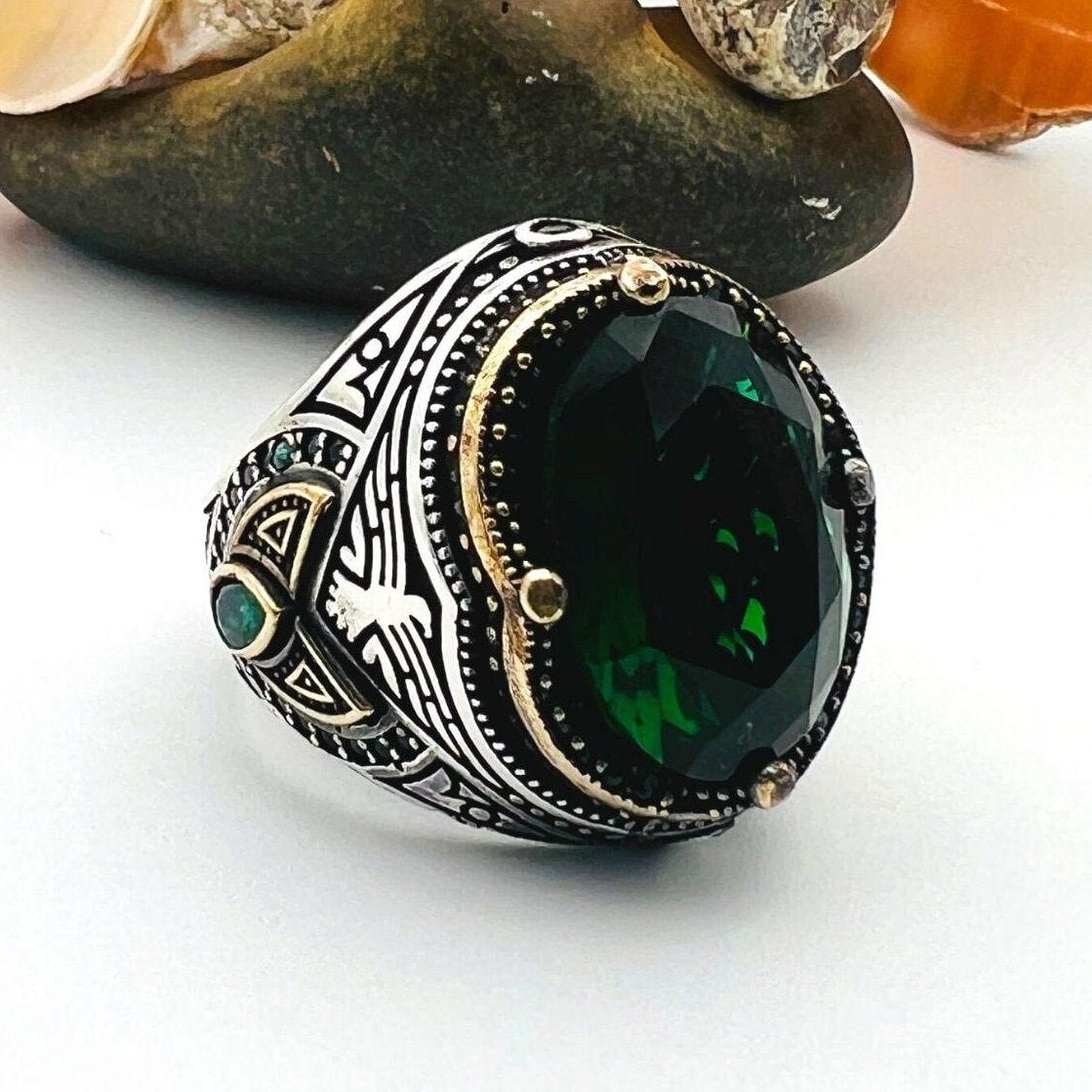 Men's Green Emerald Oval Stone Silver Ring