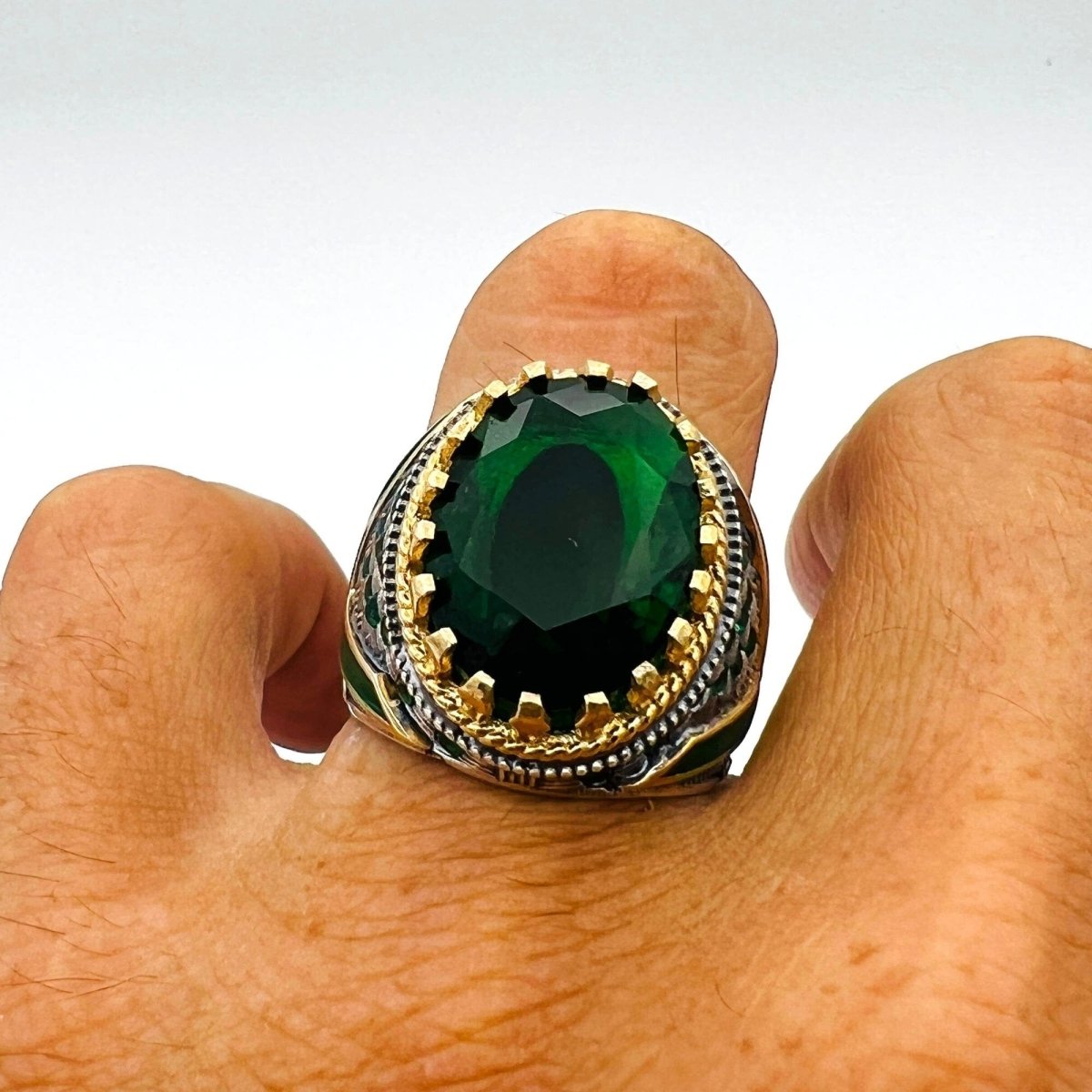 Men's Green Emerald Oval Stone Silver Ring