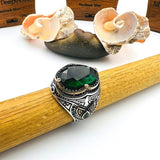 Men's Green Emerald Oval Stone Silver Ring