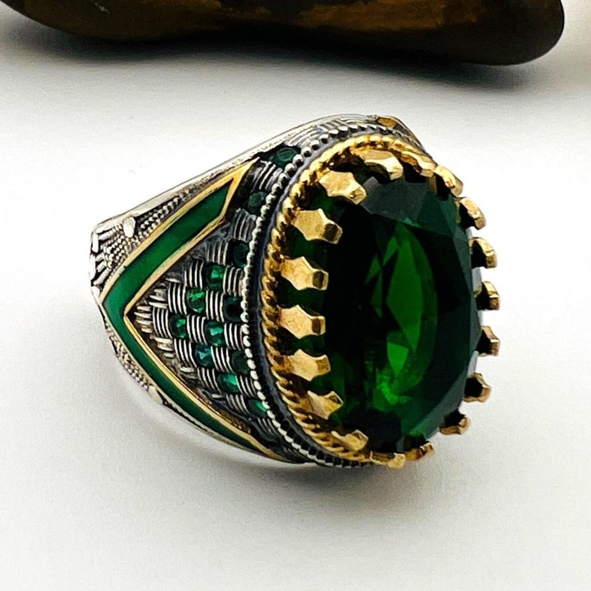 Men's Green Emerald Oval Stone Silver Ring