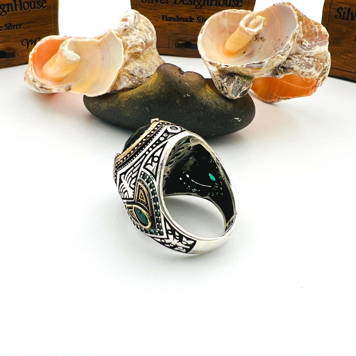 Men's Green Emerald Oval Stone Silver Ring