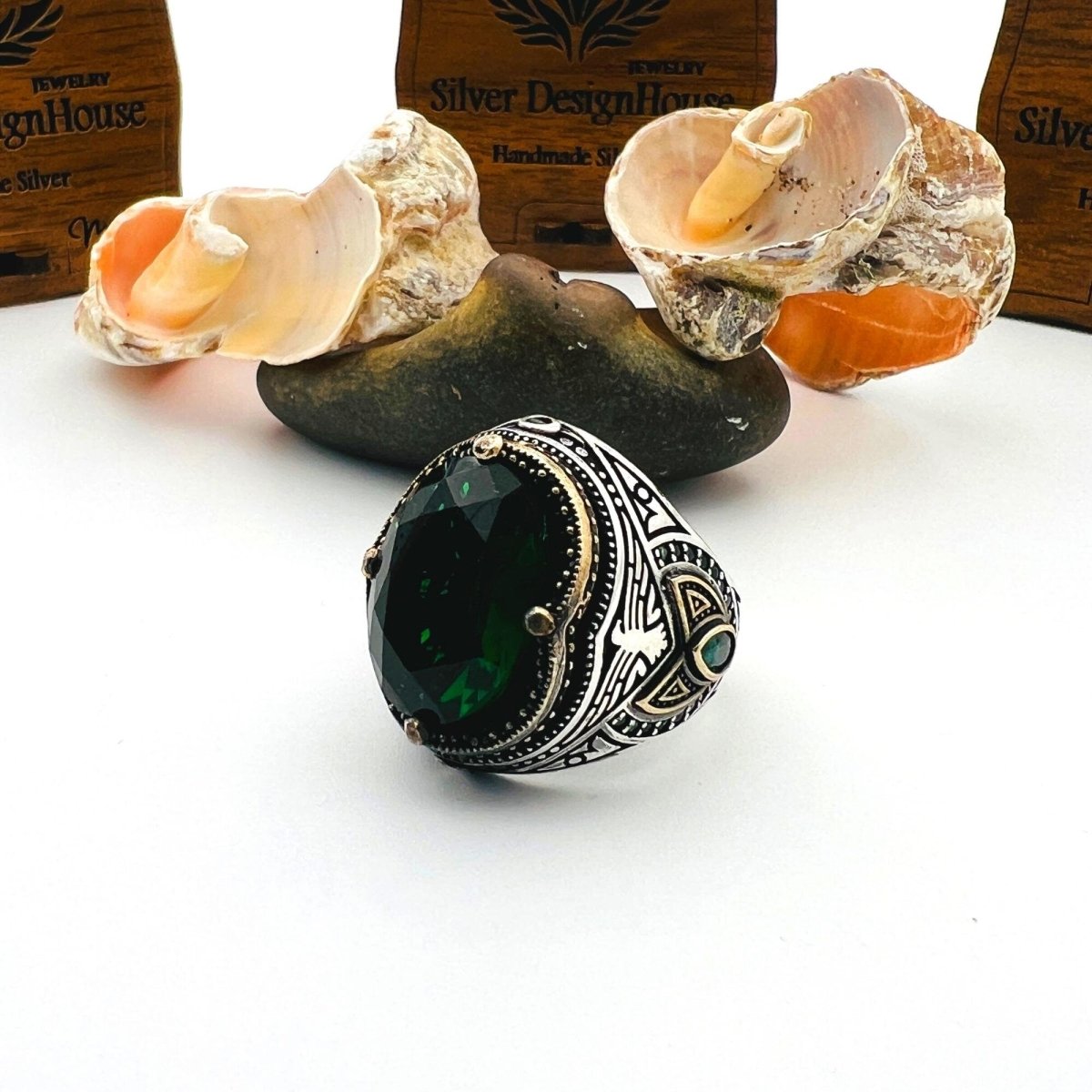 Men's Green Emerald Oval Stone Silver Ring