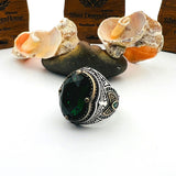 Men's Green Emerald Oval Stone Silver Ring