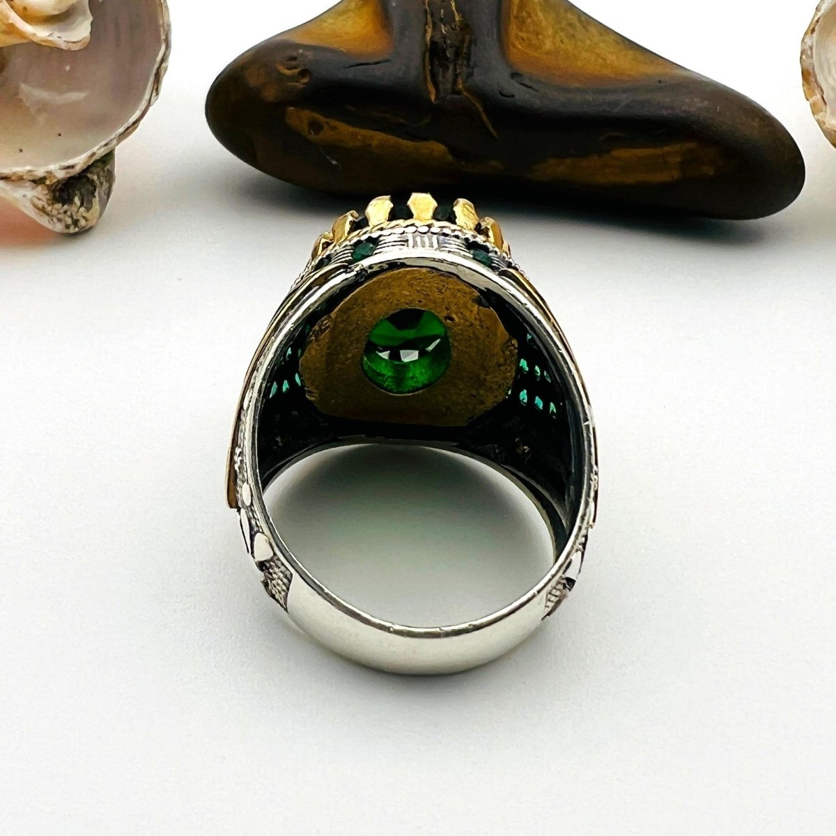 Men's Green Emerald Oval Stone Silver Ring