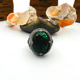 Men's Green Emerald Oval Stone Silver Ring