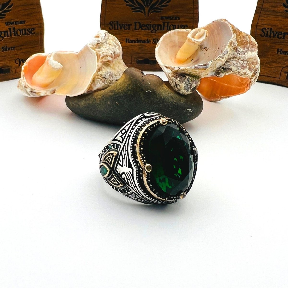 Men's Green Emerald Oval Stone Silver Ring