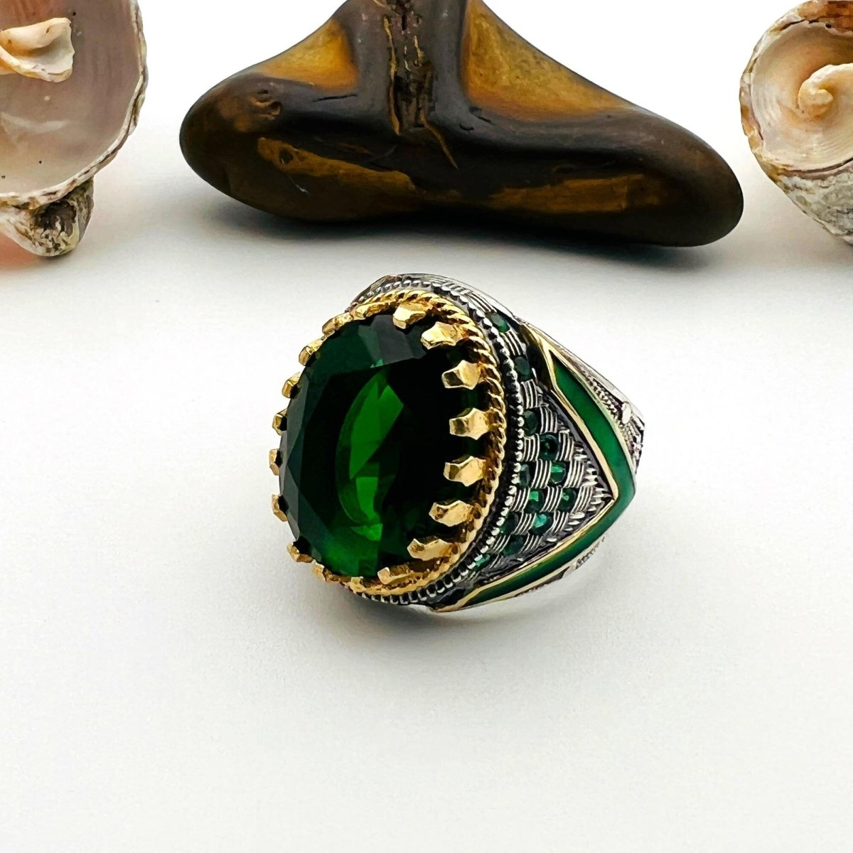 Men's Green Emerald Oval Stone Silver Ring