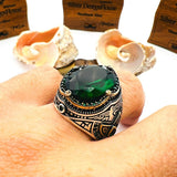 Men's Green Emerald Oval Stone Silver Ring