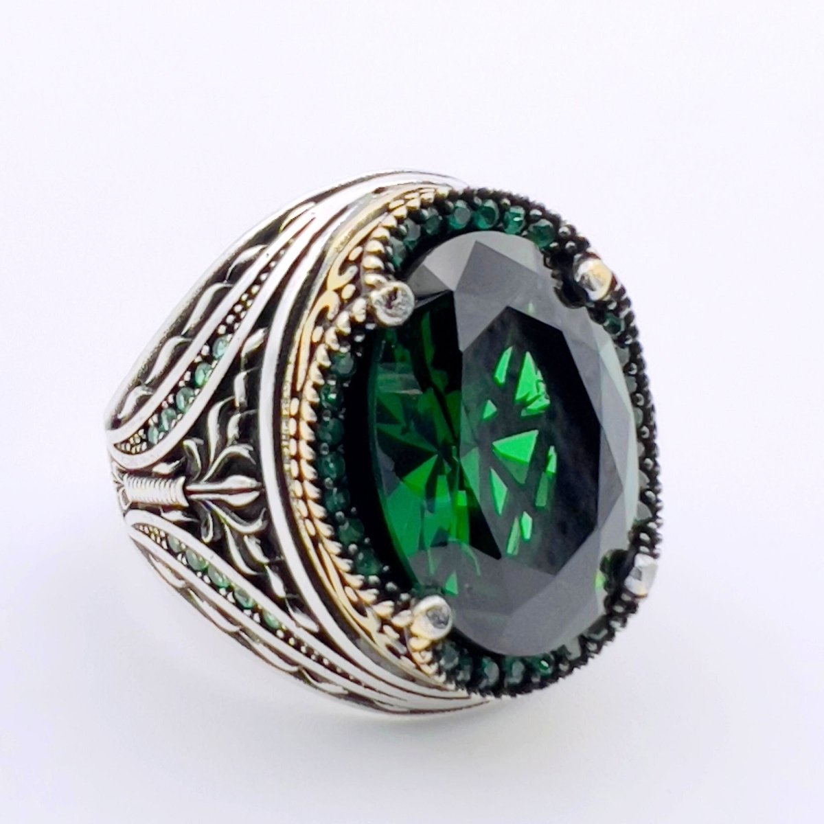 Men's Green Emerald Silver Ring