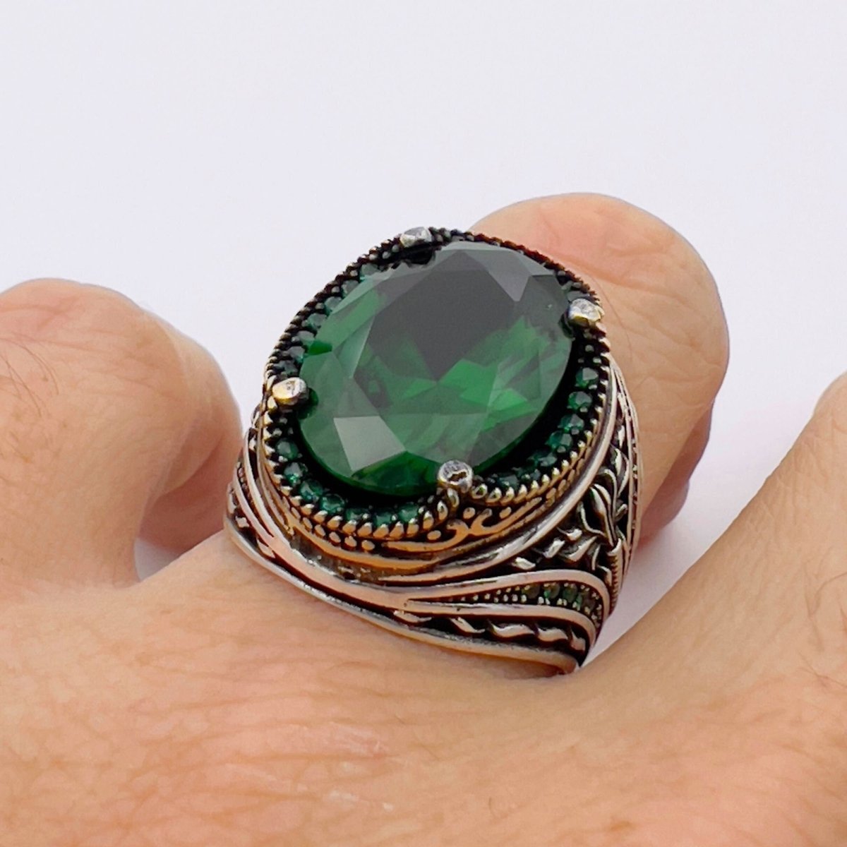 Men's Green Emerald Silver Ring