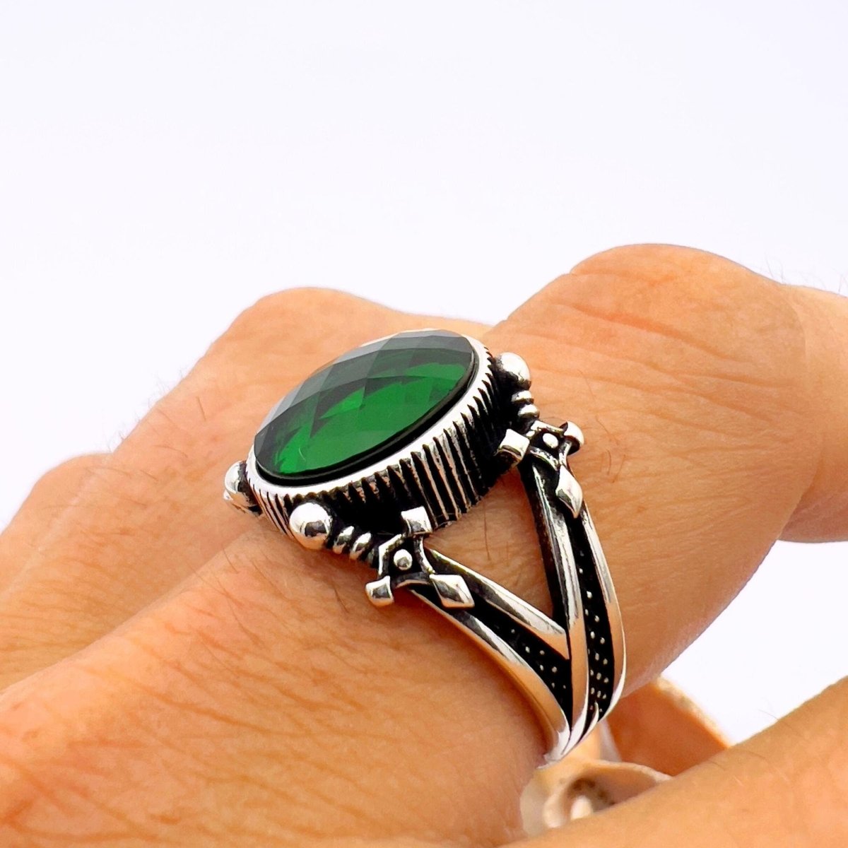 Men's Green Emerald Sterling Silver Ring