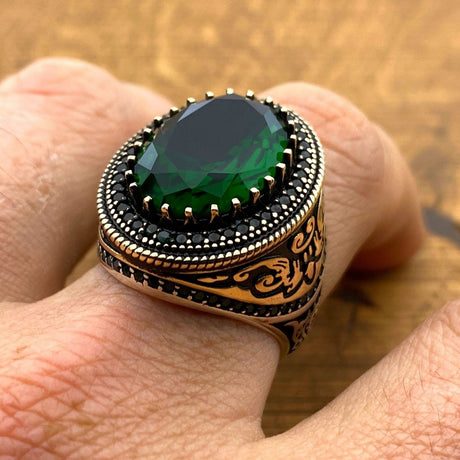 Men's Green Emerald Stone Handmade Silver Ring