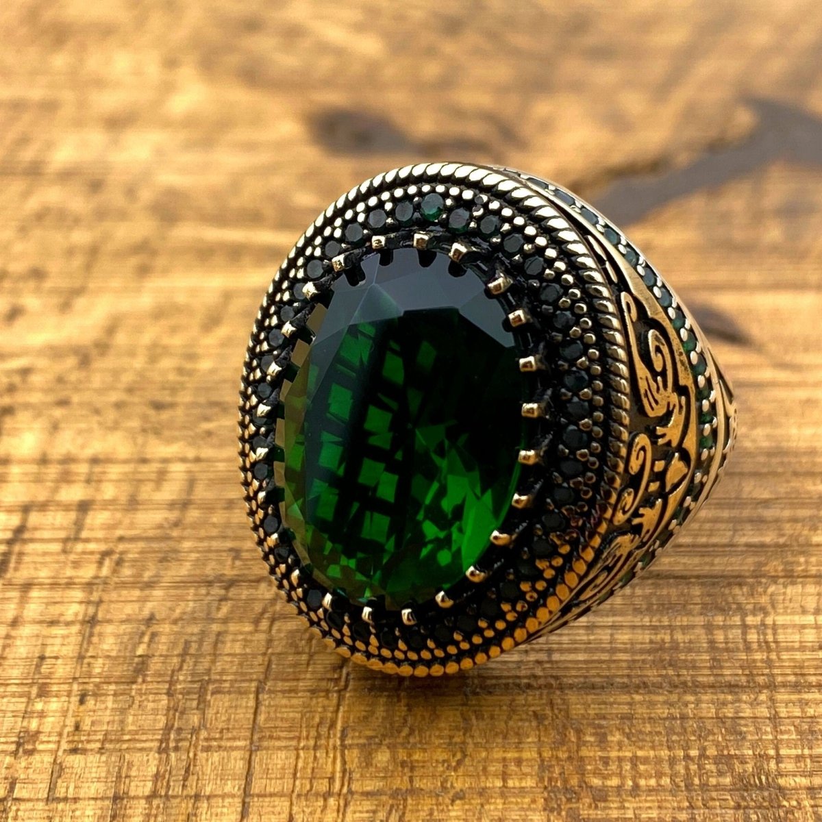 Men's Green Emerald Stone Handmade Silver Ring