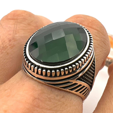 Men's Green Emerald Stone Ottoman Style Silver Ring