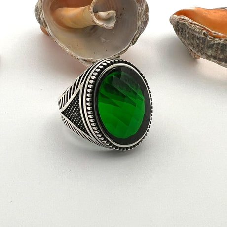 Men's Green Emerald Stone Ottoman Style Silver Ring