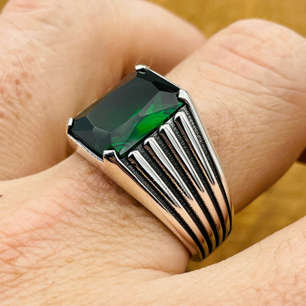 Men's Green Emerald Stone Silver Ring