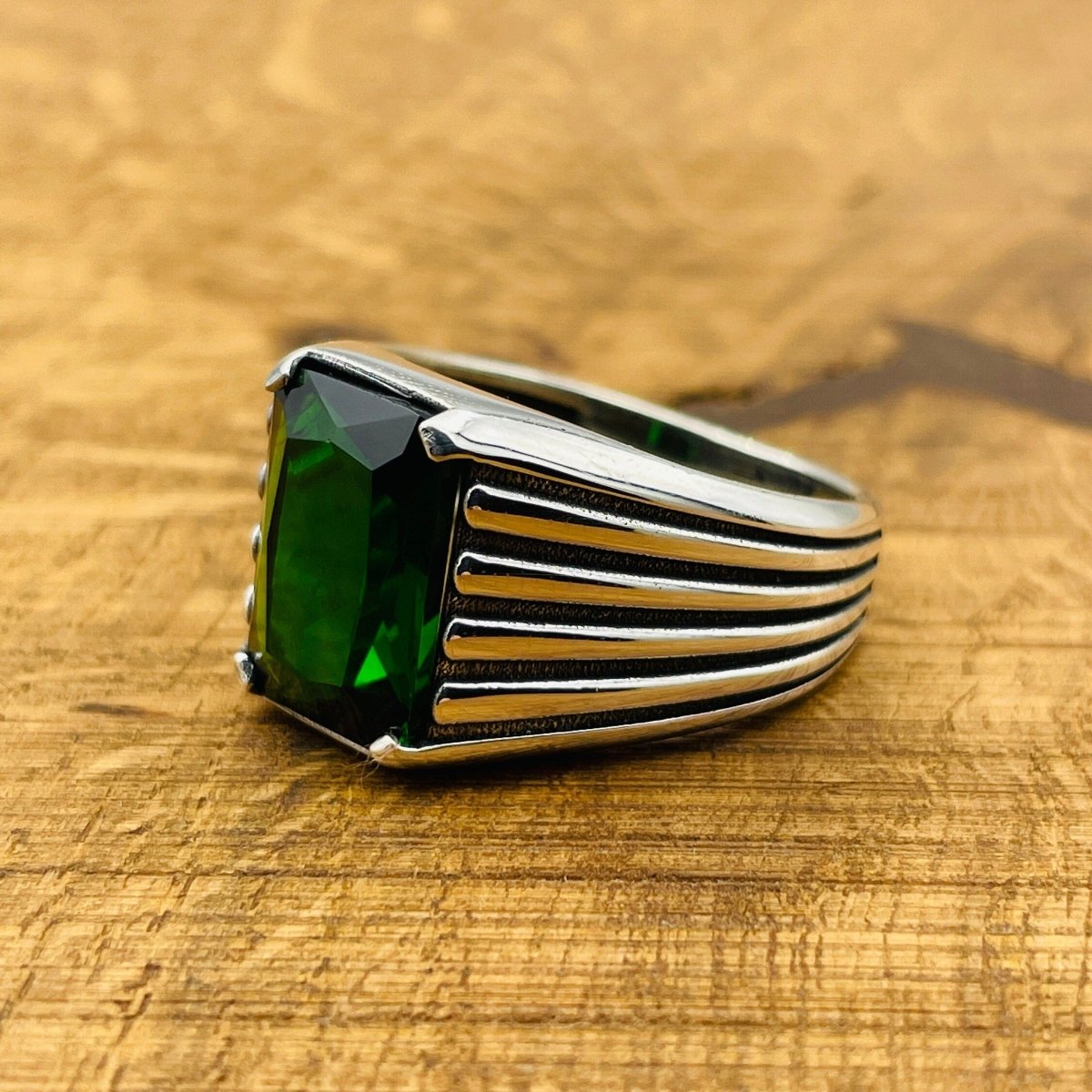 Men's Green Emerald Stone Silver Ring