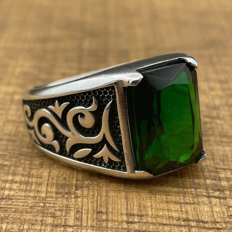 Men's Green Emerald Stone Silver Ring