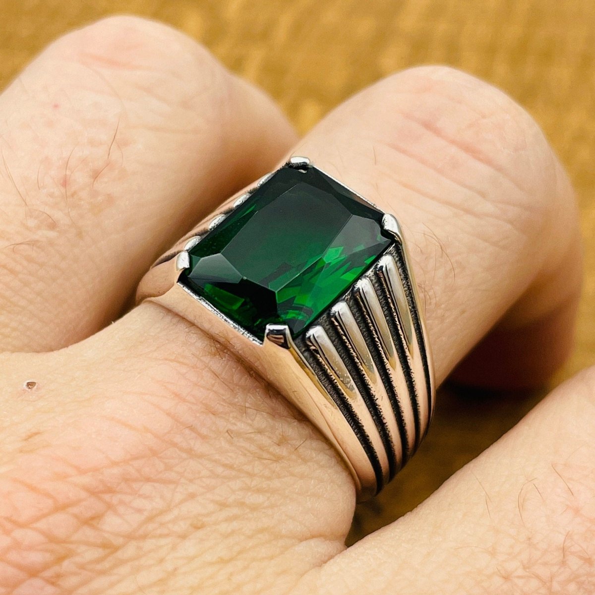 Men's Green Emerald Stone Silver Ring