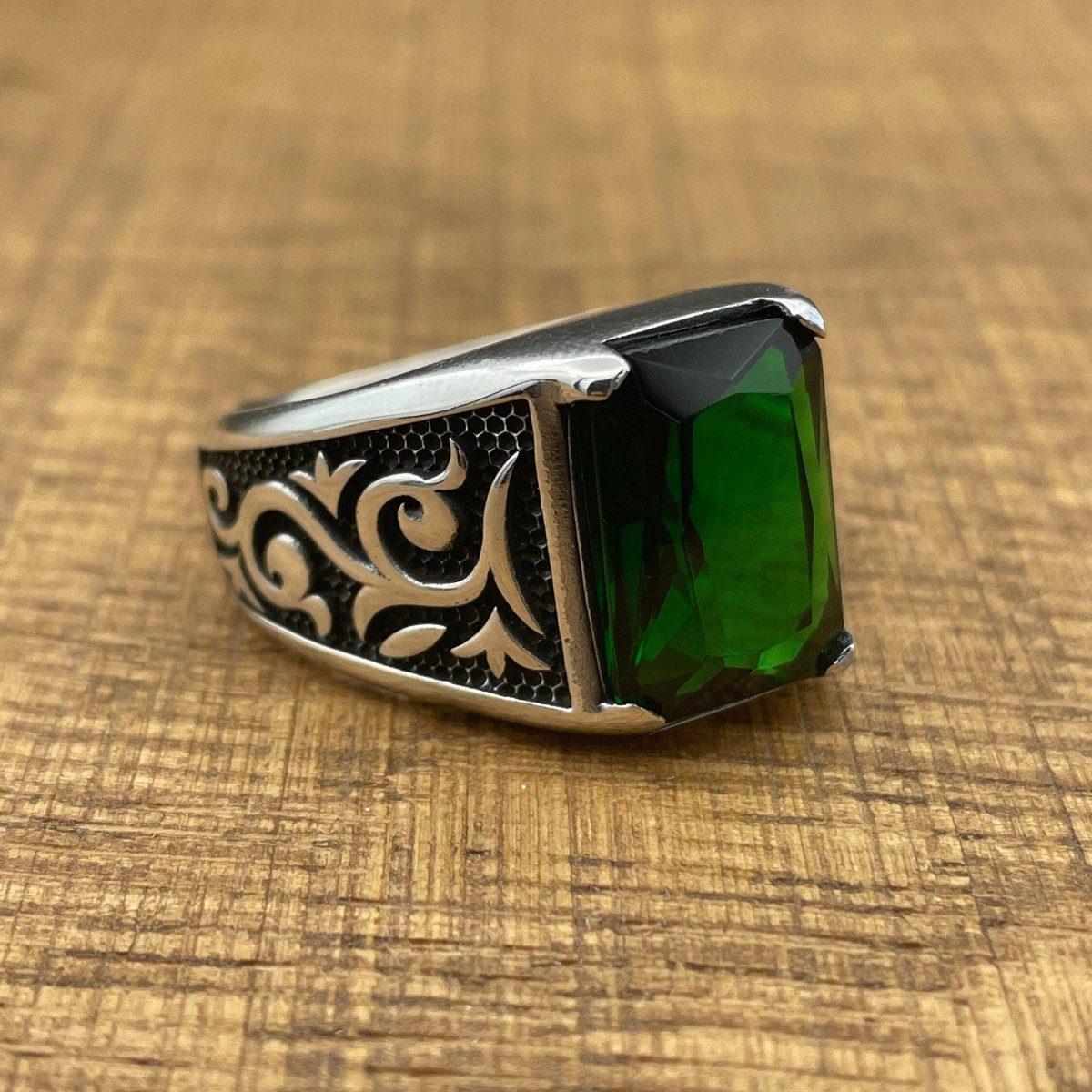 Men's Green Emerald Stone Silver Ring