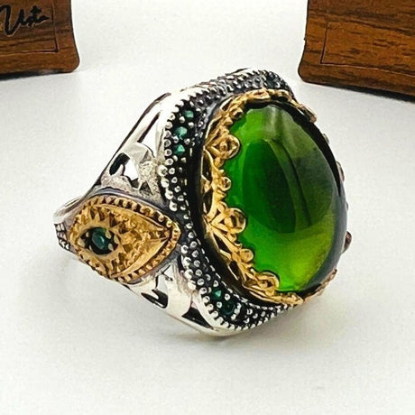 Men's Green Topaz Agate Stone Silver Ring