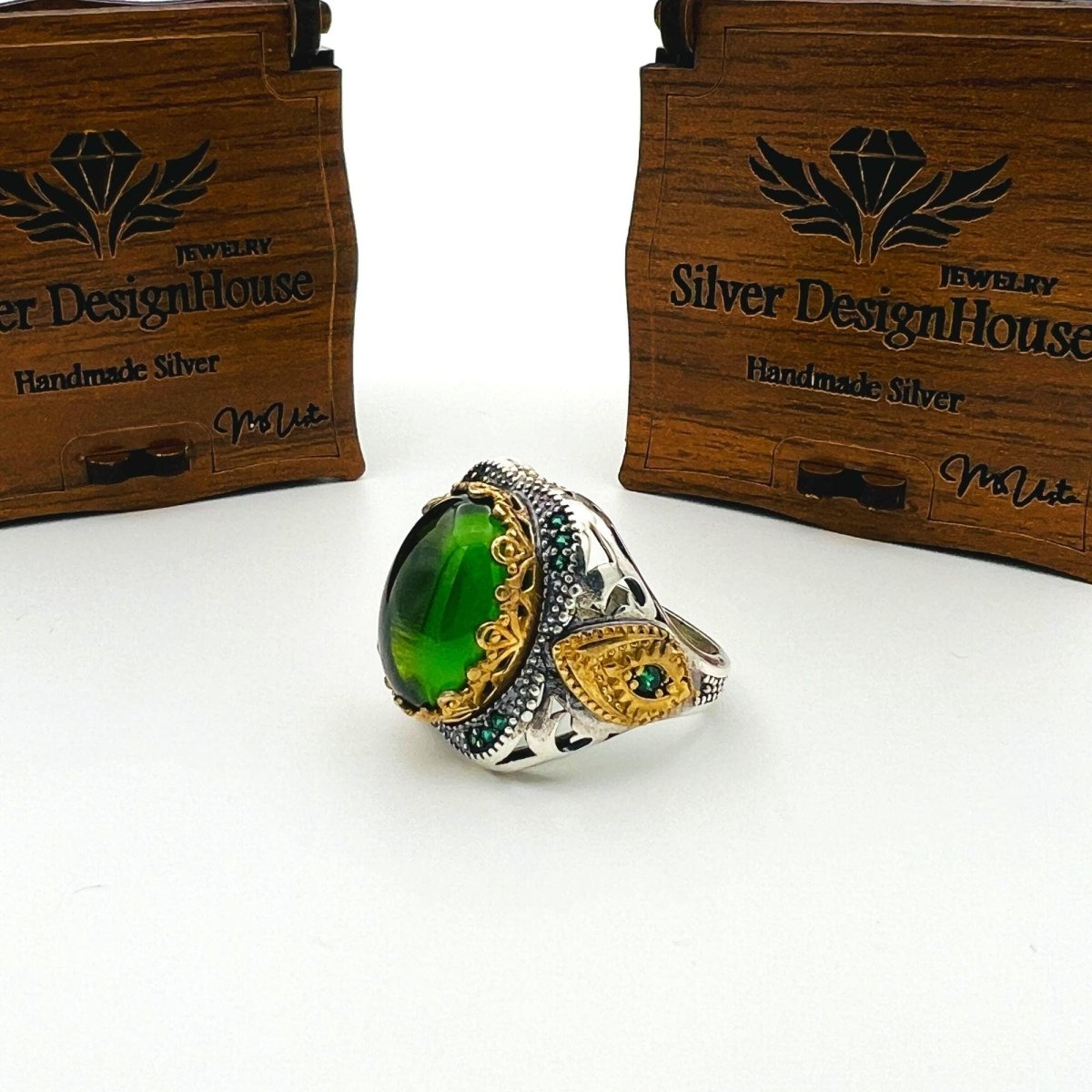 Men's Green Topaz Agate Stone Silver Ring