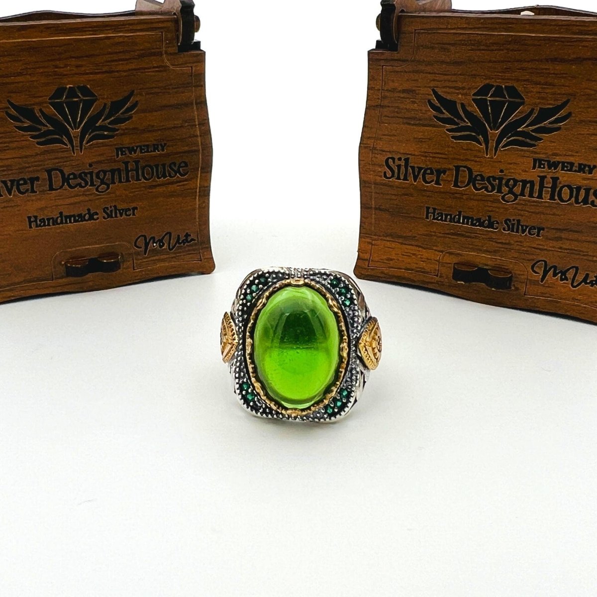 Men's Green Topaz Agate Stone Silver Ring