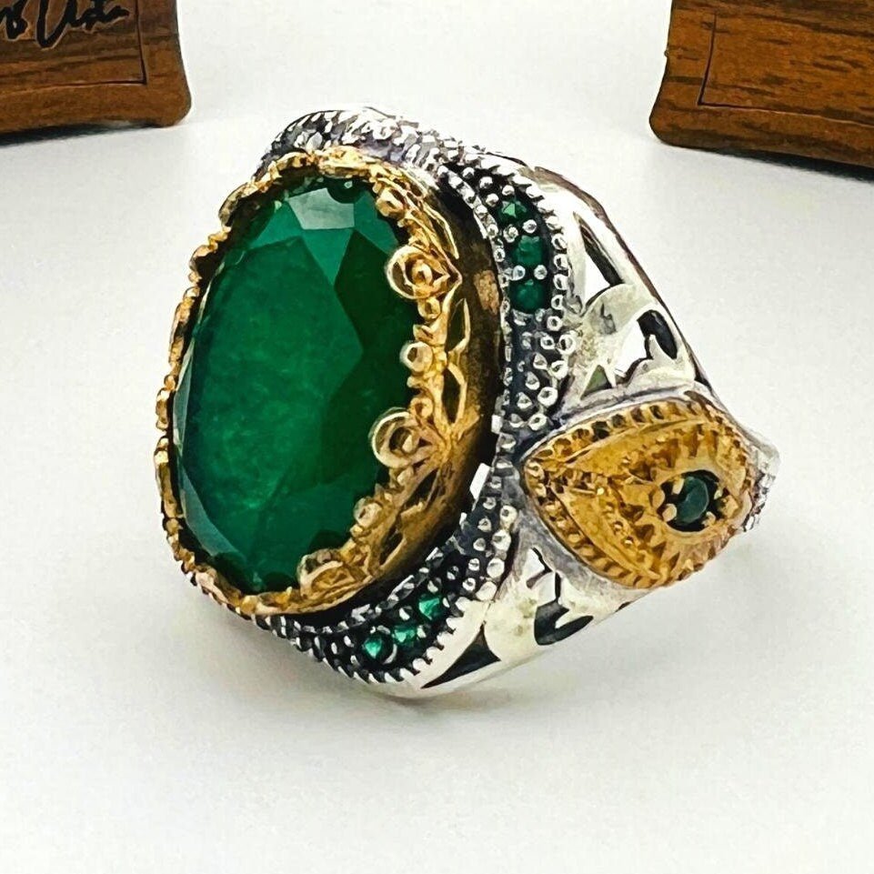 Men's Green Tourmaline Stone Silver Ring