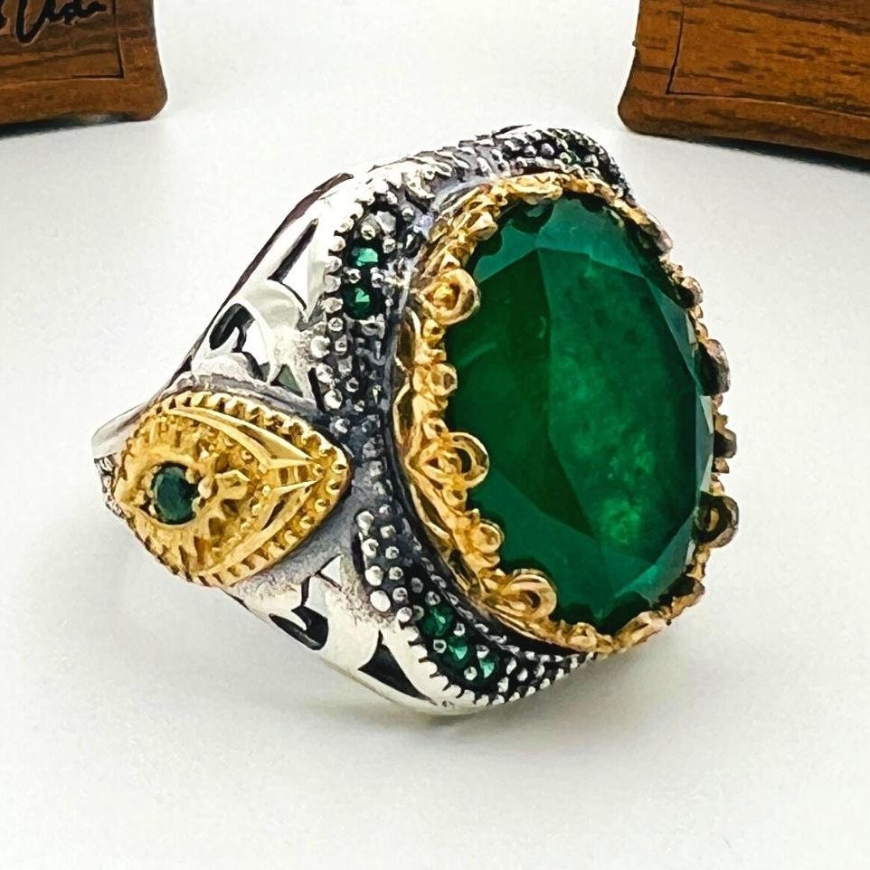 Men's Green Tourmaline Stone Silver Ring TryAladdin