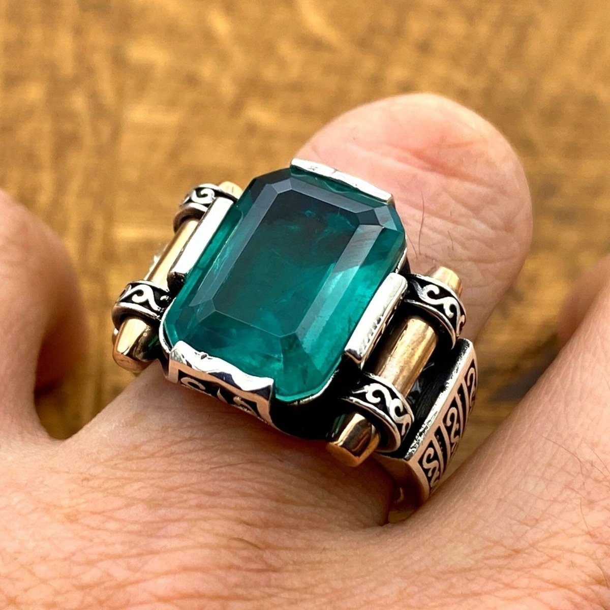 Men's Green Tourmaline Stone Silver Ring