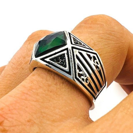 Men's Green Zircon Gemstone Handmade Silver Ring