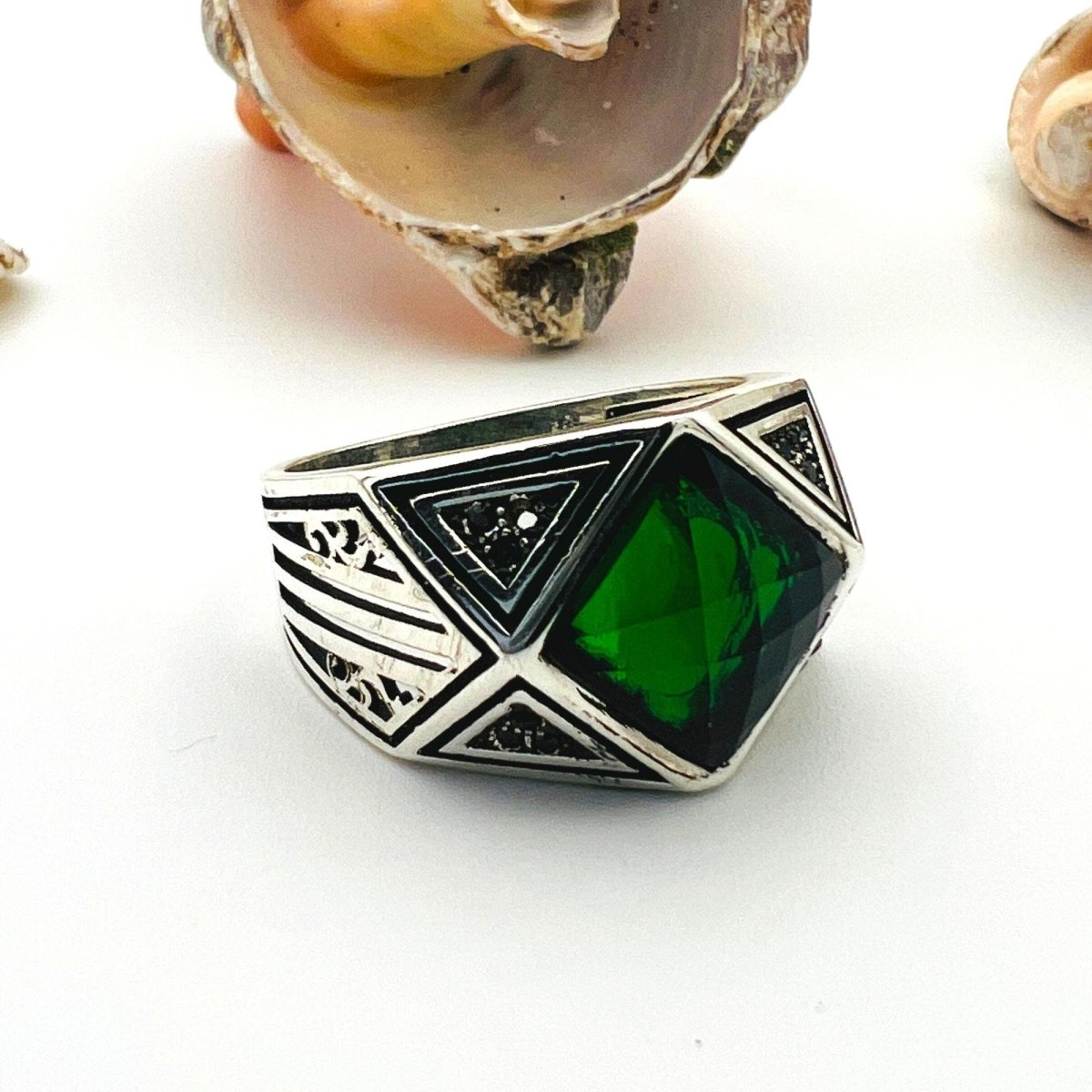 Men's Green Zircon Gemstone Handmade Silver Ring