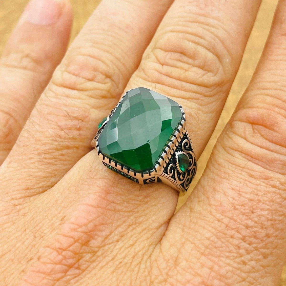 Men's Green Zircon Silver Ring